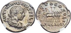 Elagabalus (AD 218-222). AR denarius (18mm, 2.84 gm, 11h).  Antioch, AD 218-219. ANTONINVS PIVS FEL AVG, laureate, draped and cuirassed bust of Elagabalus right, seen from behind / SANCT DEO SOLI, qua