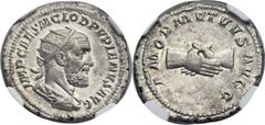 Pupienus (AD 238). AR antoninianus (23mm, 4.63 gm, 12h). Rome, May-June AD 238. IMP CAES M CLOD PVPIENVS AVG, radiate, draped, and cuirassed bust of Pupienus right / AMOR MVTVVS AVGG, clasped hands. R