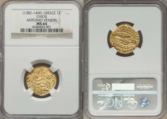 Chíos. Anonymous (1343-54) gold Venetian Imitation Ducat ND MS64 NGC, Uncertain mint, Fr-38a var, Cf. Ives Pl. XIII. ΛZDR DΛZDVO DVX | SN VЄNЄTI, St. Mark standing right presenting banner to kneeling 