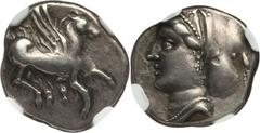 CORINTHIA. Corinth. Ca. 350-280 BC. AR drachm (14mm, 2.39 gm, 12h). Pegasus flying right, qoppa below / Head of Aphrodite left, back of hair contained in saccos. BCD Corinth  --, cf. 175 (head right).