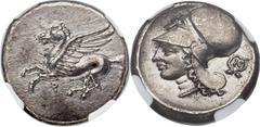 CORINTHIA. Corinth. Ca. 375-300 BC. AR stater (21mm, 8.46 gm, 3h). Pegasus with pointed wing flying left, qoppa below / Head of Athena left, wearing Corinthian helmet pushed back on head, N within wre
