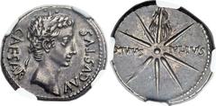 Augustus (27 BC - AD 14). AR denarius (21mm, 3.78 gm, 5h). Spain, Caesaraugusta(?), 19-18 BC. CAESAR AVGVSTVS, head of Augustus right wearing oak wreath / DIVVS IVLIVS, eight-rayed comet with tail upw