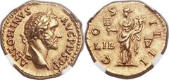 Antoninus Pius (AD 138-161). AV aureus (20mm, 7.24 gm, 12h). Rome, AD 147-148. ANTONINVS AVG PIVS P P, laureate head of Antoninus right / COS IIII, Liberalitas standing left, holding coin scoop in rig