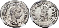 Gordian I Africanus (AD 238). AR denarius (19mm, 3.23 gm, 5h). Rome, March-April, AD 238. IMP M ANT GORDIANVS AFR AVG, laureate, draped, and cuirassed bust right / SECVRITAS AVGG, Securitas seated lef