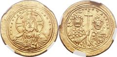 Basil II Bulgaroctonos (AD 976-1025), with Constantine VIII. AV histamenon nomisma (26mm, 4.43 gm, 7h). Constantinople, 1005-1025. + IhS XIS RЄX RЄςNANTIhM, bust of Christ Pantocrator facing, wearing 