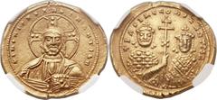Basil II Bulgaroctonos (AD 976-1025), with Constantine VIII. AV tetarteron nomisma (20mm, 4.21 gm, 6h). Constantinople, AD 1005-1025. + IhS XIS RЄX REςNANTIhM, bust of Christ facing, wearing nimbus cr