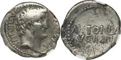 Mark Antony, as Triumvir and Imperator (43-31 BC). AR denarius (3.67 gm). Obverse die signed by 'P.' Athens, 32 BC. M. Junius Silanus, quaestor pro consul. Bare head of Mark Antony right; in hair behi
