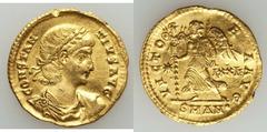 Constantius II (AD 337-361). AV solidus (4.39 gm) Antioch, AD 337. Laureate, draped and cuirassed bust of Constantius to right / Victory advancing left, holding trophy with her right hand and palm fro