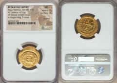Maurice Tiberius (AD 582-602). AV lightweight solidus of 23 siliquae (4.24 gm). Constantinople, 6th officina, AD 584-602.Pearl-diademed, helmeted, draped, and cuirassed bust of Maurice facing, holding