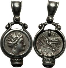 ANCIENT COIN JEWELRY. Ca. 196-142 BC. AR tetrobol of Euboia, Histiaea, set in modern pendant. Head of maenad right, wreathed with vine leaves / Nymph Histiaea astride winged galley stern right, triden