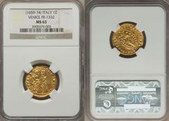 Venice. Domenico Contarini gold Zecchino ND (1659-74) MS63 NGC, Fr-1332. A sterling example of a Venetian Zecchino with all details depicted with exceptional clarity.