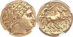 MACEDONIAN KINGDOM. Philip II (359-336 BC). AV stater (16mm, 8.58 gm, 11h). NGC AU 5/5 - 3/5, edge marks. Posthumous issue of Abydos mint, under Philip III Arrhidaeus (323-317 BC). Laureate head of Ap