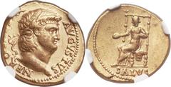 Nero (AD 54-68). AV aureus (18mm, 7.24 gm, 6h). NGC XF 4/5 - 2/5. Rome, ca. AD 65-66. NERO [CAESAR] AVGVSTVS, laureate head of Nero right / Salus seated left on throne, holding patera in right hand an