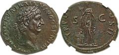 Trajan (AD 98-117). Æ as (28mm, 12.29 gm, 6h). NGC Choice AU 4/5 - 5/5, Fine Style. Rome, February-Autumn AD 98. IMP CAES NERVA TRAIAN AVG GERM P M, laureate head of Trajan right / TR POT - COS II / S