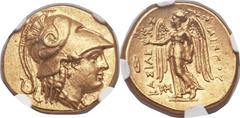MACEDONIAN KINGDOM. Philip III Arrhidaeus (323-317 BC). AV stater (19mm, 8.57 gm, 11h). NGC MS 5/5 - 4/5, Fine Style. Babylon, ca. 323-318/7 BC. Helmeted head of Athena right / BAΣIΛEΩΣ ΦIΛΛIΠOY, Nike