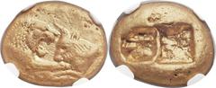 LYDIAN KINGDOM. Croesus (ca. 561-546 BC). AV stater (18mm, 10.75 gm). NGC AU 5/5 - 4/5. Sardes, "heavy" standard, ca. 550 BC. Confronted foreparts of roaring lion, on left, and bull / Two incuse squar