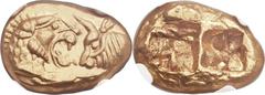 LYDIAN KINGDOM. Croesus and later (ca. 561-546 BC). AV stater (17mm, 8.07 gm). NGC Gem MS 5/5 - 5/5. "Light series." Sardes, ca. 553-539 BC. Confronted foreparts of lion (on left, facing right), with 