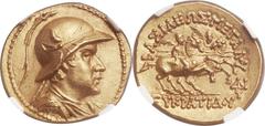 GRECO-BACTRIAN KINGDOM. Eucratides I the Great (ca. 171-145 BC). AV stater (20mm, 8.47 gm, 11h). NGC MS 5/5 - 4/5, Fine Style. Diademed and draped bust of Eucratides right, wearing crested and broad-b