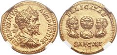 Septimius Severus (AD 193-211), with Julia Domna, Caracalla and Geta. AV aureus (21mm, 7.26 gm, 6h). NGC Gem MS 5/5 - 5/5, Fine Style. Rome, AD 202. SEVERVS PIVS AVG P M TR P X, laureate, draped and c