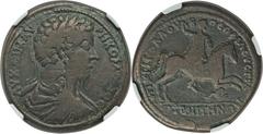 LYDIA. Hypaepa. Commodus (AD 177-192). Æ 36mm. NGC Fine, countermark. Laureate, draped bust of Commodus right / Commodus on horseback right, brandishing spear, lion running right below. SNG Von Aulock