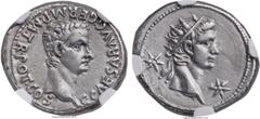 Ancients Gaius 'Caligula' (AD 37-41), with Divus Augustus. AR denarius (19mm, 3.83 gm, 11h). NGC Choice XF 5/5 - 3/5. Lugdunum, AD 37. C · CAESAR · AVG · GERM · P · M · TR · POT COS, bare head of Cali