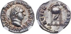 Ancients Vitellius (AD 69). AR denarius (18mm, 3.40 gm, 6h). NGC Choice AU 5/5 - 3/5. Rome, late April-December AD 69. A VITELLIVS GERM IMP AVG TR P, laureate head of Vitellius right / XV VIR SACR FAC