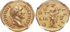 Ancients Antoninus Pius (AD 138-161). AV aureus (20mm, 7.24 gm, 12h). NGC MS 5/5 - 4/5, Fine Style. Rome, AD 147-148. ANTONINVS AVG PIVS P P, laureate head of Antoninus right / COS IIII, Liberalitas s