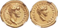 Ancients Antoninus Pius (AD 138-161), with Marcus Aurelius Caesar (AD 139-161). AV aureus (19mm, 7.23 gm, 6h). NGC AU 5/5 - 4/5, Fine Style. Rome, AD 140. ANTONINVS AVG PI-VS P P TR P COS III, laureat