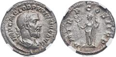 Ancients Pupienus (AD 238). AR denarius (19mm, 2.53 gm, 7h). NGC AU 5/5 - 4/5. Rome, April-June AD 238. IMP C M CLOD PVPIENVS AVG, laureate, draped, and cuirassed bust of Pupienus right / P M TR P COS