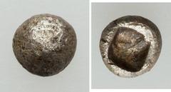 Ancients IONIA. Uncertain city. Ca. 650-600 BC. BI imitative 48th stater (0.45 gm). Nearly XF. Blank, globular surface / Incuse square. Cf. Rosen 281 (blank EL 24th stater). Rare, apparently an ancien