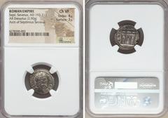 Ancients Septimius Severus (AD 193-211). AR denarius (2.90 gm). NGC Choice VF 4/5 - 3/5. Rome, AD 203. Laureate head of Severus right / COS III P P, frontal view of arch of Septimius Severus, with of 