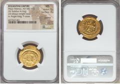 Ancients Maurice Tiberius (AD 582-602). AV lightweight solidus of 23 siliquae (4.26 gm). NGC MS 5/5 – 4/5, clipped. Constantinople, 6th officina, AD 584-602.Pearl-diademed, helmeted, draped, and cuira