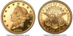 Proof Liberty Double Eagles 1866 $20 With Motto, PR65 Cameo NGC. Gold CAC. According to Mint records, only 30 proof Liberty double eagles were struck in 1866. Twenty five examples were delivered for i
