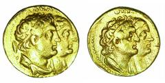 Ancient Greek Ptolemaic Kingdom. Ptolemy II. 246-221 BC gold tetradrachm, Conjoined busts right of Ptolemy II and Arsinoe II/Conjoined busts right of Ptolemy I and Berenike I, Sear-7790, Sovronos-604,