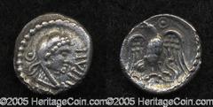 Celtic Britain, Trinovantes. Epaticcus. Early-mid 1st century A.D. AR unit, (11 mm, 1.14g). Head of Herakles right / Eagle facing with spread wings, holding serpent in talons; pellet-in-ring above. Ho