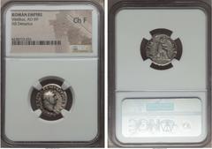Ancients Vitellius (AD 69). AR denarius. NGC Choice Fine. Rome, July-December AD 69. A VITELLIVS GERM IMP AVG TR P, laureate head of Vitellius right / PONT MAXIM, Vesta seated right, holding patera an