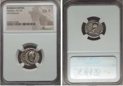 Ancients Vitellius (AD 69). AR denarius. NGC Choice Fine. Rome, late April-December AD 69. A VITELLIVS GERM IMP AVG TR P, laureate head of Vitellius right / XV VIR SACR FAC, sacrificial tripod topped 