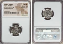 Ancients Trajan (AD 98-117). AR denarius (3.21 gm). NGC Choice AU★ 5/5 - 5/5. Rome, AD 98-99. IMP CAES NERVA TRAIAN AVG GERM, laureate head of Trajan right, aegis on right shoulder, slight drapery at 