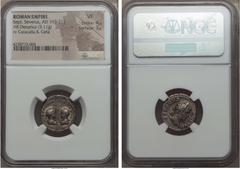 Ancients Septimius Severus (AD 193-211), with Caracalla and Geta as Caesar. AR denarius (3.11 gm). NGC VF 4/5 - 3/5. Rome, AD 201-202. SEVERVS PIVS AVG, laureate head of Septimius Severus right / AETE