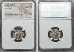 Ancients Caracalla (AD 198-217). AR denarius. NGC Choice AU. Rome, AD 213-217. ANTONINVS PIVS AVG GERM, laureate head of Caracalla right / LIBERAL AVG VIIII, Liberalitas standing left, holding coin co
