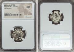 Ancients Caracalla (AD 198-217). AR denarius. NGC AU. Rome, AD 210-213. ANTONINVS PIVS AVG BRIT, laureate head of Caracalla right / LIBERALI-TAS AVG VI, Liberalitas standing left, holding cornucopia a