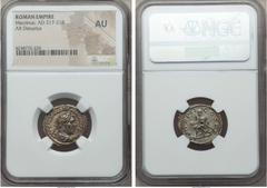 Ancients Macrinus (AD 217-218). AR denarius. NGC AU. Rome, AD 218. IMP C M OPEL SEV MACRINVS AVG, laureate and draped bust of Macrinus right / P M TR P II COS P P, Macrinus seated left on curule chair