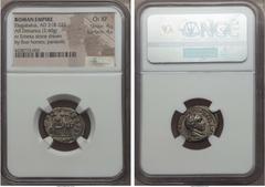 Ancients Elagabalus (AD 218-222). AR denarius (3.40 gm). NGC Choice XF 4/5 - 4/5. Antioch, AD 218-219. ANTONINVS PIVS FEL AVG, laureate and draped bust of Elagabalus right / SANCTO DEI SOLI, slow quad
