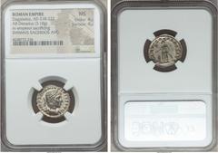 Ancients Elagabalus (AD 218-222). AR denarius (3.18 gm). NGC MS 4/5 - 4/5. Rome, AD 221. IMP ANTONINVS PIVS AVG, laureate and draped bust of Elagabalus right / SVMMVS SACERDOS AVG, Elagabalus standing