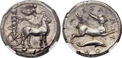 Ancients SICILY. Messana. Ca. 425-413 BC. AR tetradrachm (27mm, 17.35 gm, 12h). Biga of mules to right, driven by a female charioteer; above, Nike flying right crowning wreath with wreath, olive leaf 