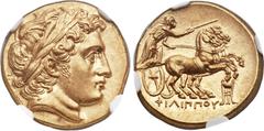 Ancients MACEDONIAN KINGDOM. Philip III Arrhidaeus (323-317 BC). AV stater (19mm, 8.55 gm, 11h). Types of Phillip II (attributed as such by NGC). Colophon, ca. 322-319 BC. Laureate head of Apollo righ