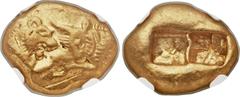 Ancients LYDIAN KINGDOM. Croesus (ca. 561-546 BC). AV stater (18mm, 10.72 gm). Sardes, "heavy" standard, prototype issue of ca. 550 BC. Confronted foreparts of lion, right, with "sun" on forehead, and