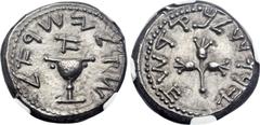 Ancients JUDAEA. The Jewish War. AD 66-70. AR shekel (23mm, 13.88 gm, 11h). Jerusalem, dated Year 1 (AD 66/7). Paleo-Hebrew Shekel of Israel around ritual omer cup with flat base and pearled projectio