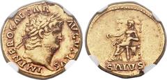 Ancients Nero (AD 54-68). AV aureus (19mm, 7.18 gm, 6h). Rome, AD 66-67. IMP NERO CAESAR AVGVSTVS, laureate head of Nero right / Salus seated left on high-backed throne, veiled, holding patera in righ