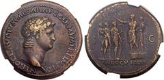 Ancients Nero (AD 54-68). Orichalcum sestertius (35mm, 27.12 gm, 7h). Rome, 64 AD. NERO CLAVDIVS CAESAR AVG GERM P M TR P IMP P P, laureate bust of Nero right, aegis with Medusa head and snakes on fro